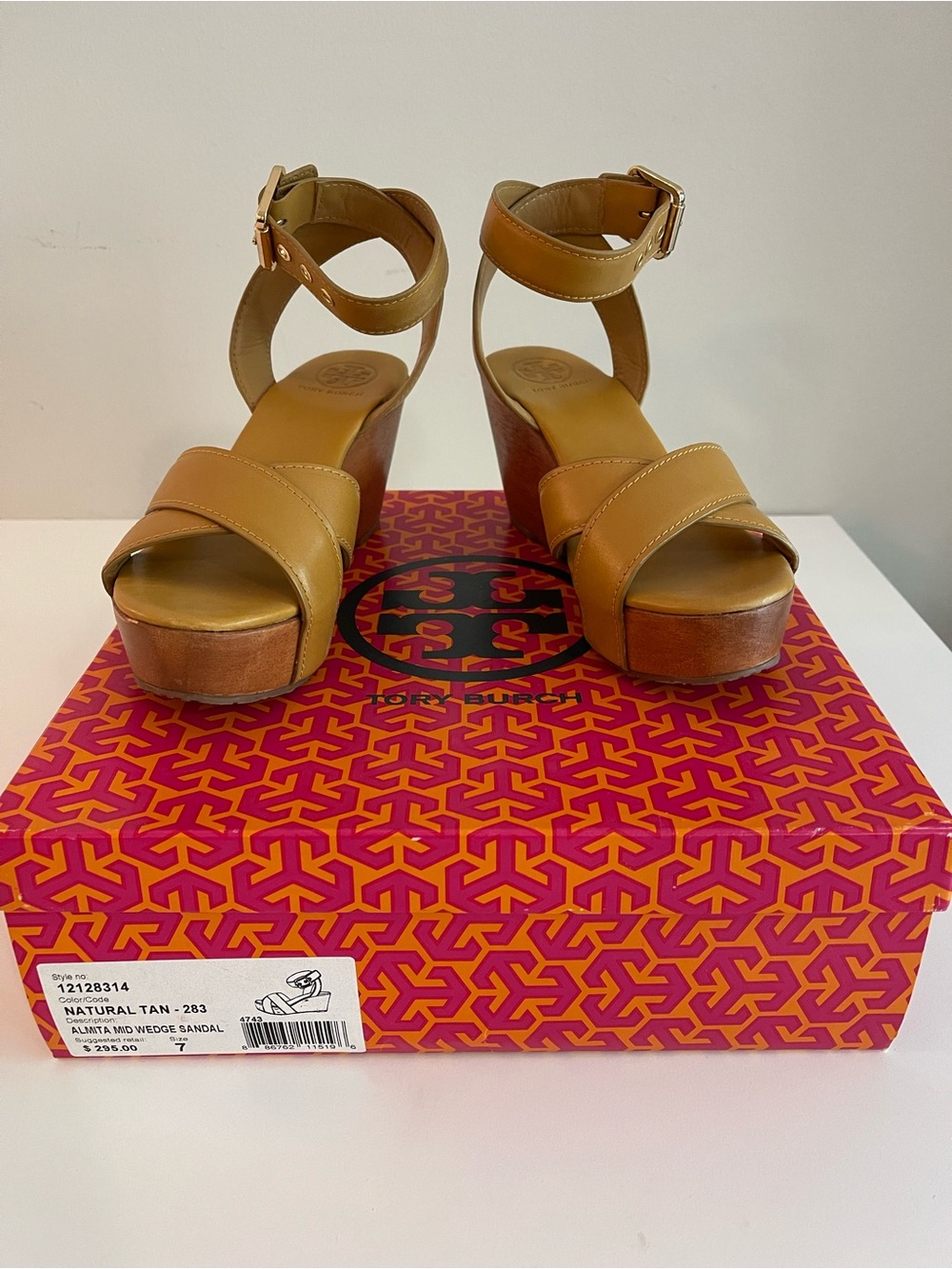 Tory Burch Tan Leather Platform Ankle-Strap Wedges